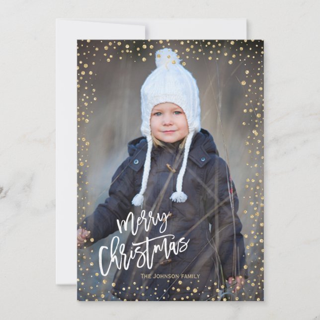 Modern gold dot with white lettering Christmas Holiday Card (Front)