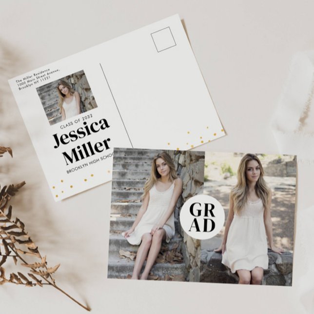 Modern Gold Dots Typography 3 Photo Graduation Ann Announcement Postcard (Creator Uploaded)