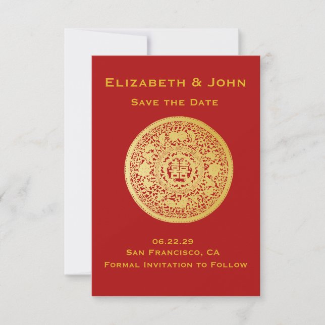 Modern Gold Double Happiness Wedding No.10 Save The Date (Front)