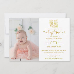 Modern Gold Dove Cross Religious Baptism Photo Invitation