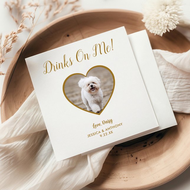 Modern Gold Drinks On Me Photo Pet Wedding Napkins (Creator Uploaded)