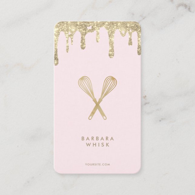 Modern Gold Drip Glitter Whisk Bakery Pastry Business Card (Front)