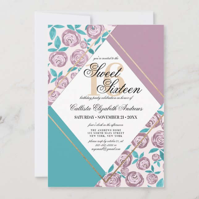 Modern Gold Dusty Pink Flowers Watercolor Sweet 16 Invitation (Front)