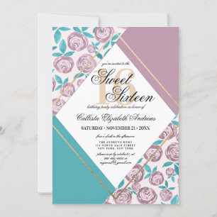 Modern Gold Dusty Pink Flowers Watercolor Sweet 16 Invitation