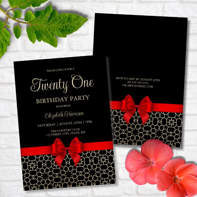 Modern Gold Egypt Geometric Red Bow 21st Birthday Invitation (Creator Uploaded)