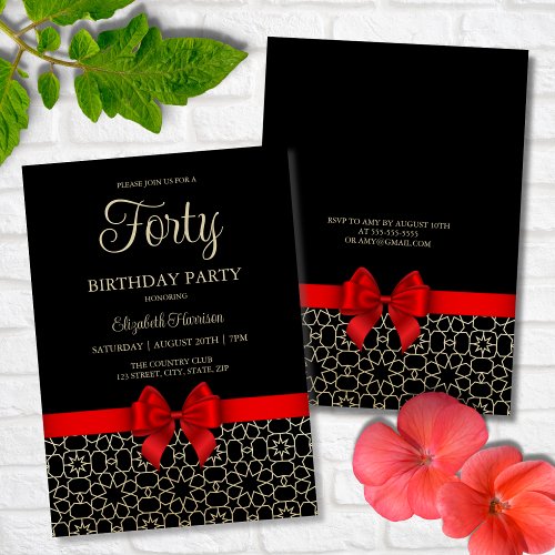 Modern Gold Egypt Geometric Red Bow 40th Birthday Invitation