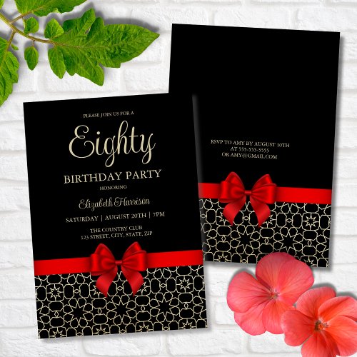 Modern Gold Egypt Geometric Red Bow 80th Birthday Invitation