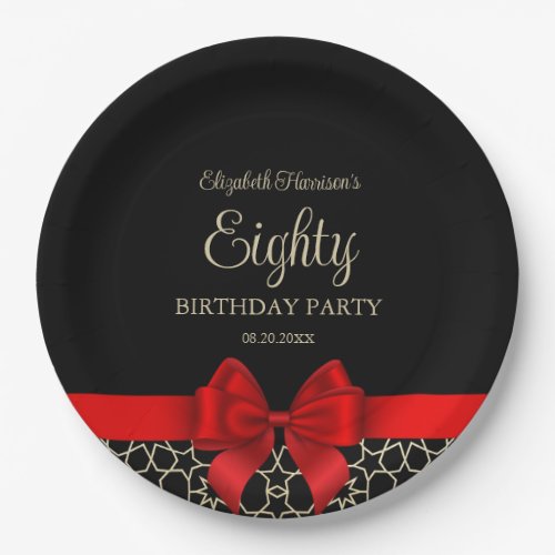 Modern Gold Egypt Geometric Red Bow 80th Birthday Paper Plates