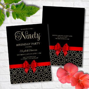 Modern Gold Egypt Geometric Red Bow 90th Birthday Invitation