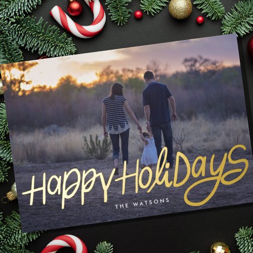 modern gold elegant happy holidays funky photo foil holiday card