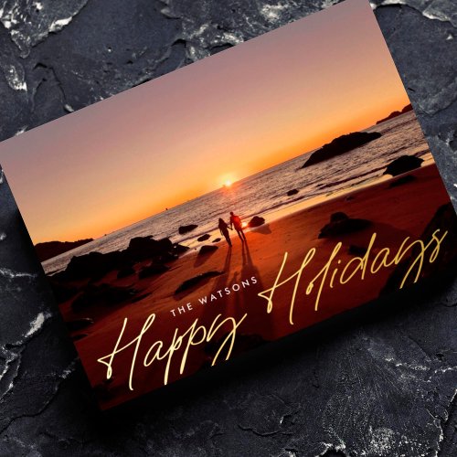 modern gold elegant happy holidays photo foil holiday card
