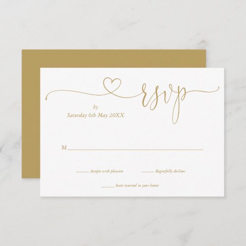 Modern Gold Elegant Script Heart RSVP Card - A simple elegant gold script heart kindly reply RSVP card with your details set in chic typography. Designed by Thisisnotme©