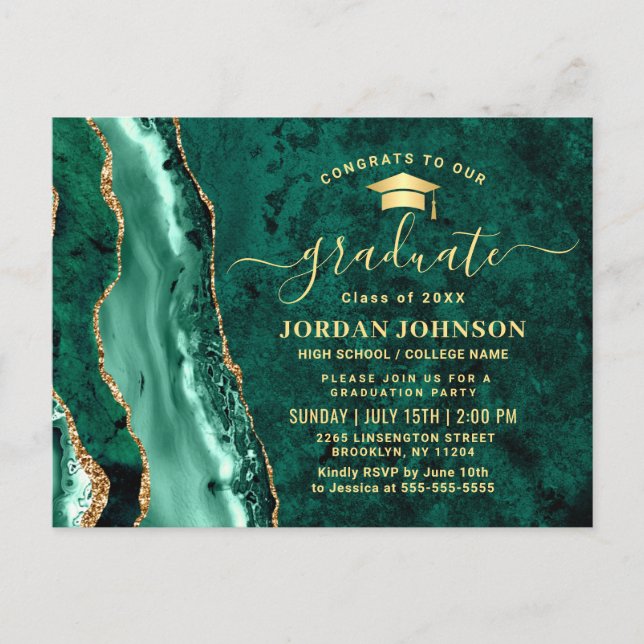 Modern Gold Emerald Graduation Party Invitation Postcard (Front)