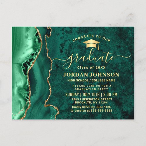 Modern Gold Emerald Graduation Party Invitation Postcard - Modern Gold Emerald Graduation Party Invitation Postcard