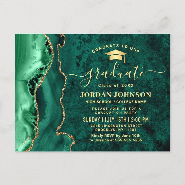 Modern Gold Emerald Graduation Party Invitation Postcard (Front)