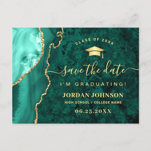 Modern Gold Emerald Green Graduation Save the Date Postcard