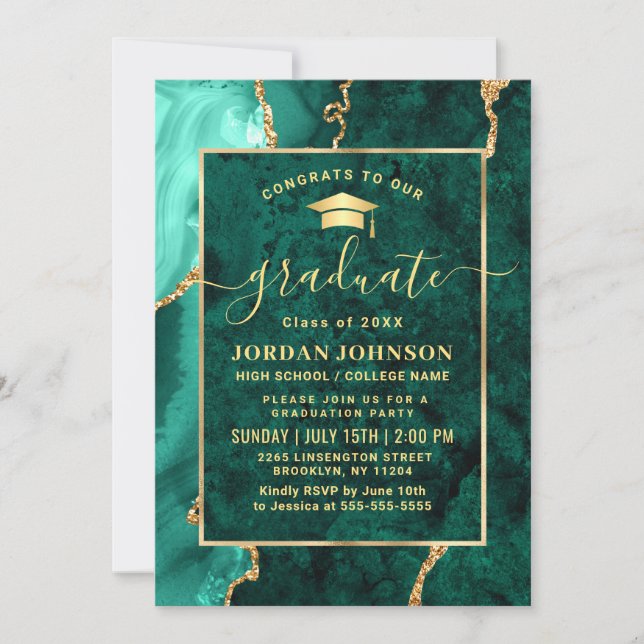Modern Gold Emerald Green Marble Graduation Party Invitation (Front)