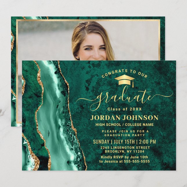 Modern Gold Emerald Green Marble Graduation Party Invitation (Front/Back)