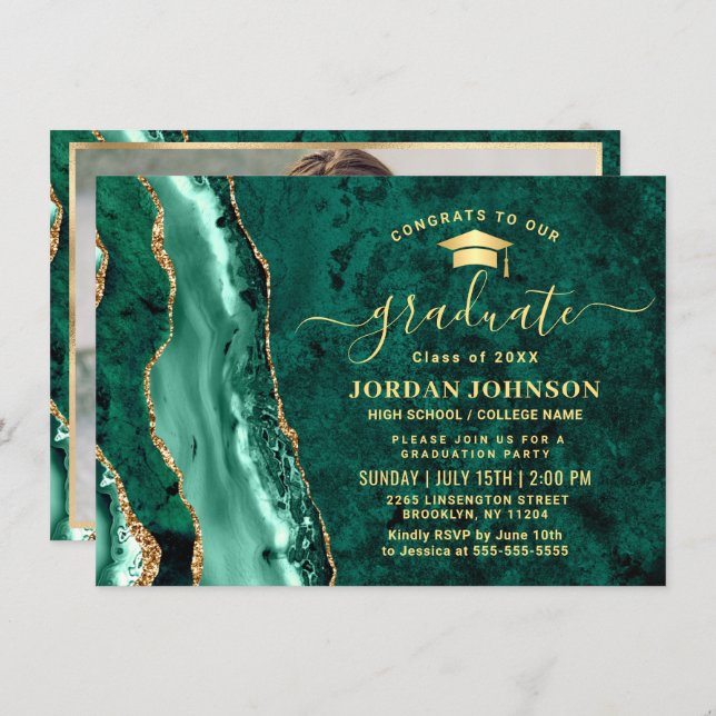 Modern Gold Emerald Green Marble Graduation Party Invitation (Front/Back)