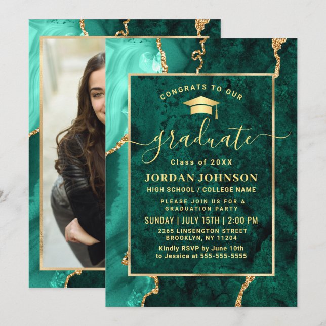 Modern Gold Emerald Green Marble Graduation Party Invitation (Front/Back)