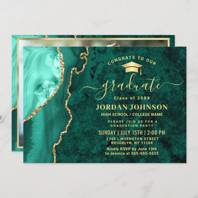 Modern Gold Emerald Green Marble Graduation Party Invitation (Front/Back)