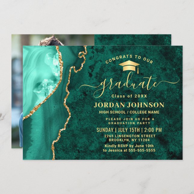 Modern Gold Emerald Green Marble Graduation Party Invitation (Front/Back)