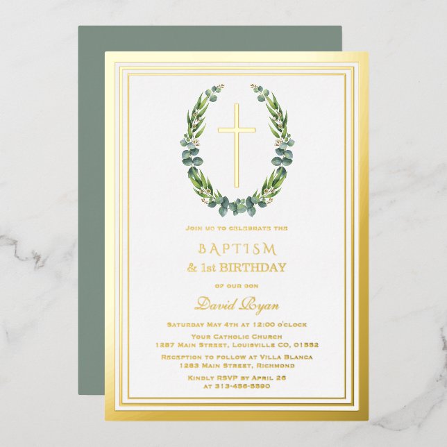 Modern Gold Eucalyptus Boy 1st Birthday Baptism Foil Invitation (Front/Back)