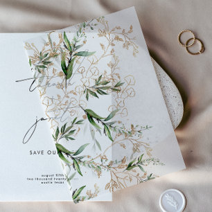 Modern Gold Eucalyptus Greenery Sage Overlay Vellum Invitations