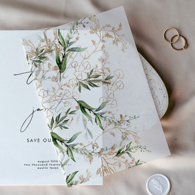 Modern Gold Eucalyptus Greenery Sage Overlay Vellum Invitations (Creator Uploaded)