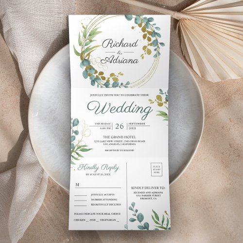 Modern Gold Eucalyptus Wreath All in One Wedding Tri_Fold Invitation