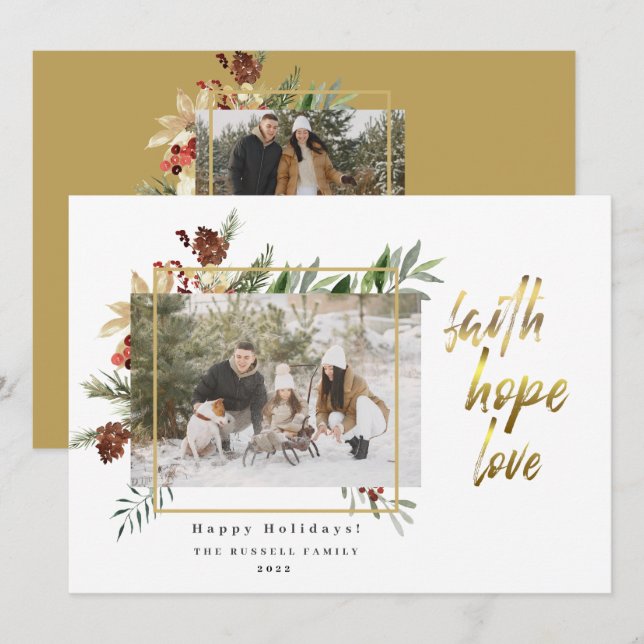Modern Gold Faith Hope Love 2 Photo Christmas Holiday Card (Front/Back)