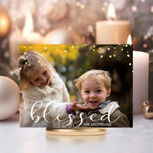 Modern Gold Family BLESSED Christmas Photo Postcard