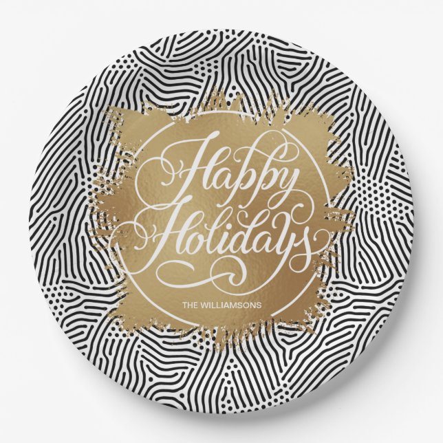 Modern Gold Faux Foil Happy Holidays Black Paper Plates (Front)