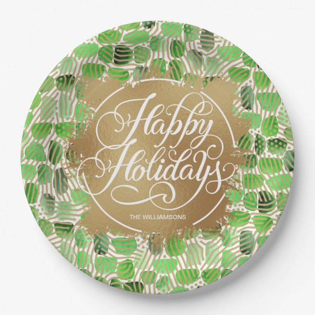 Modern Gold Faux Foil Happy Holidays Green  Paper Plates (Front)
