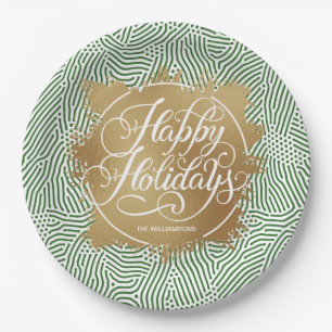 Modern Gold Faux Foil Happy Holidays Green Paper Plates