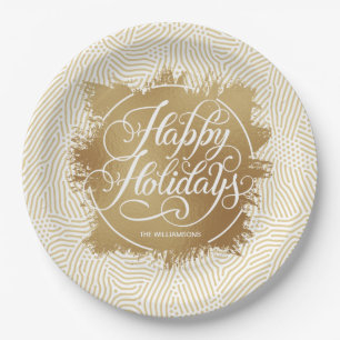Modern Gold Faux Foil Happy Holidays Ivory Paper Plates