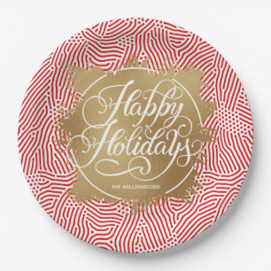Modern Gold Faux Foil Happy Holidays Red Paper Plates