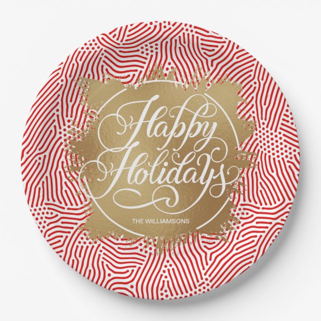 Modern Gold Faux Foil Happy Holidays Red Paper Plates (Front)
