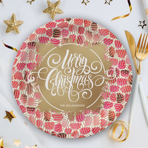 Modern Gold Faux Foil Merry Christmas Berry Paper Plates