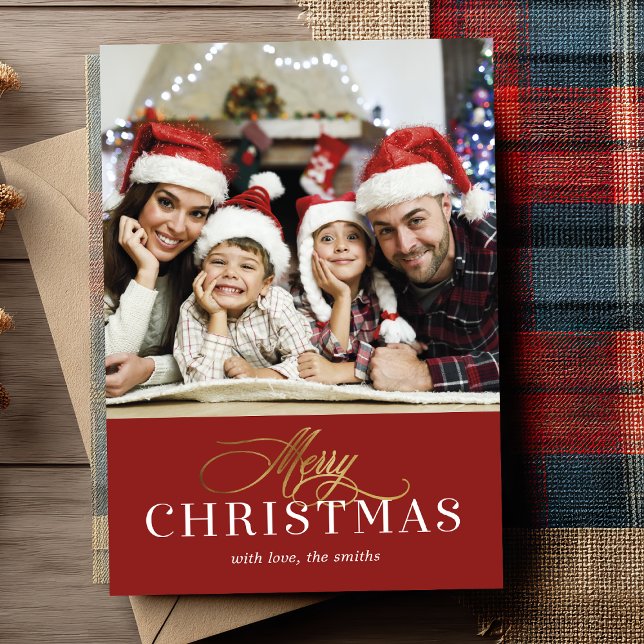 Modern Gold Faux Foil Merry Christmas Photo Card (Wishing you a Merry Christmas ✨ Send your love with this elegant family photo holiday card.)
