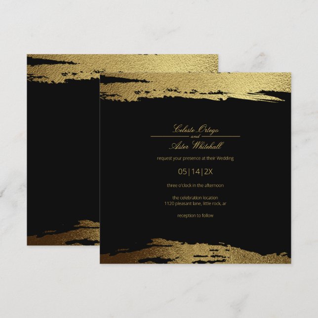 Modern Gold Faux Foil Paint Stroke Black Wedding Invitation (Front/Back)