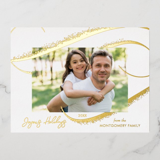 Modern Gold Faux Glitter Brush Stroke Photo  Foil Holiday Postcard (Front)