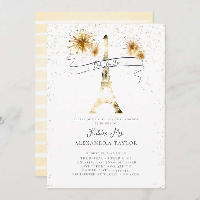 Modern Gold Fireworks Eiffel Paris Bridal Shower Invitation (Front/Back)