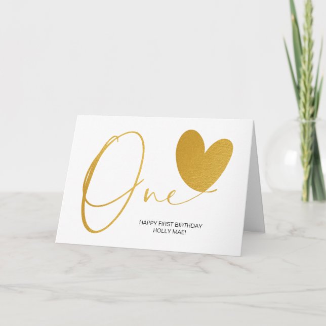 Modern Gold First Birthday One Heart Card (Front)