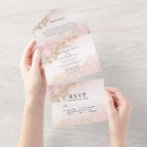Wedding Invitations 9 Modern Gold Flecks Blush Pink Watercolor Wedding All In One Invitation