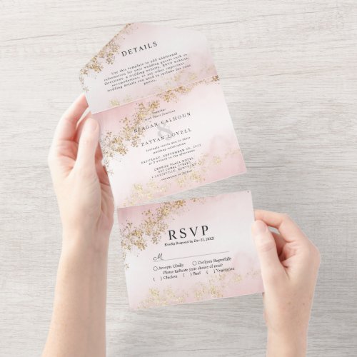 Modern Gold Flecks Blush Pink Watercolor Wedding All In One Invitation