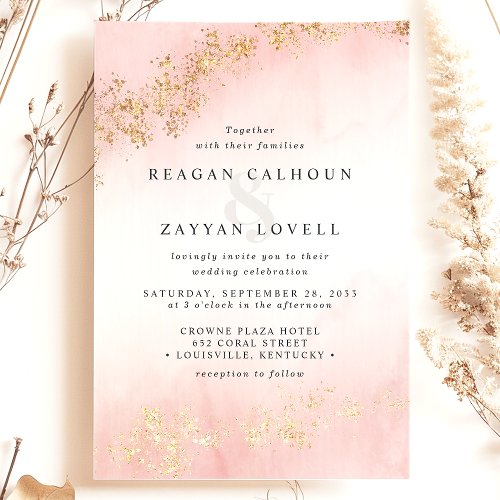 Wedding Invitations 4 Modern Gold Flecks Blush Pink Watercolor Wedding Invitation