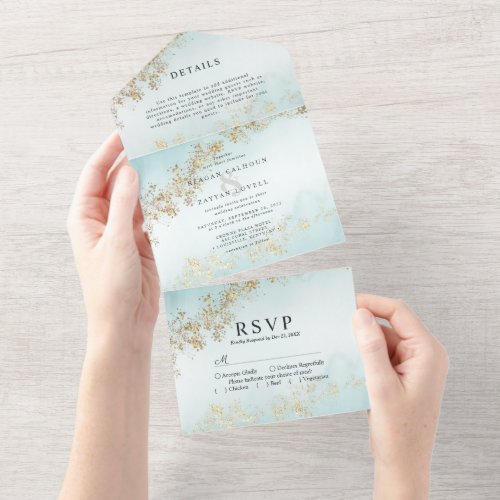 Wedding Invitations 10 Modern Gold Flecks Teal Mist Watercolor Wedding All In One Invitation