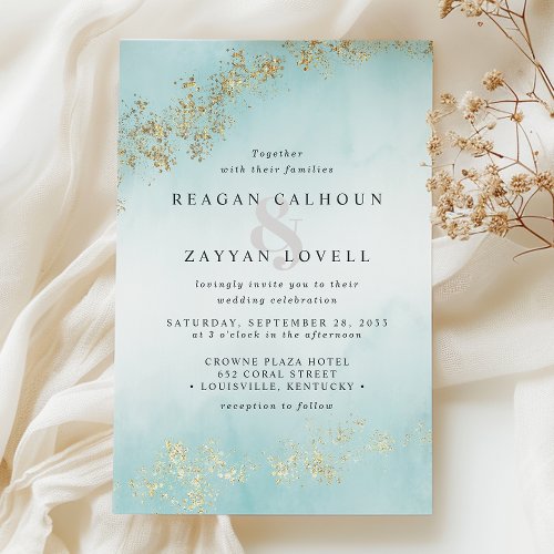 Wedding Invitations 17 Modern Gold Flecks Teal Mist Watercolor Wedding Invitation
