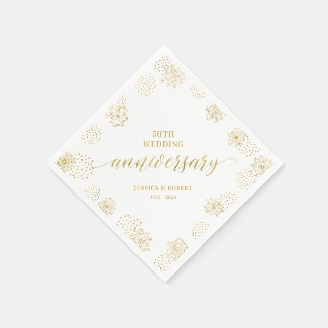 Modern Gold Floral 50th Wedding Anniversary Party Napkins (Corner)